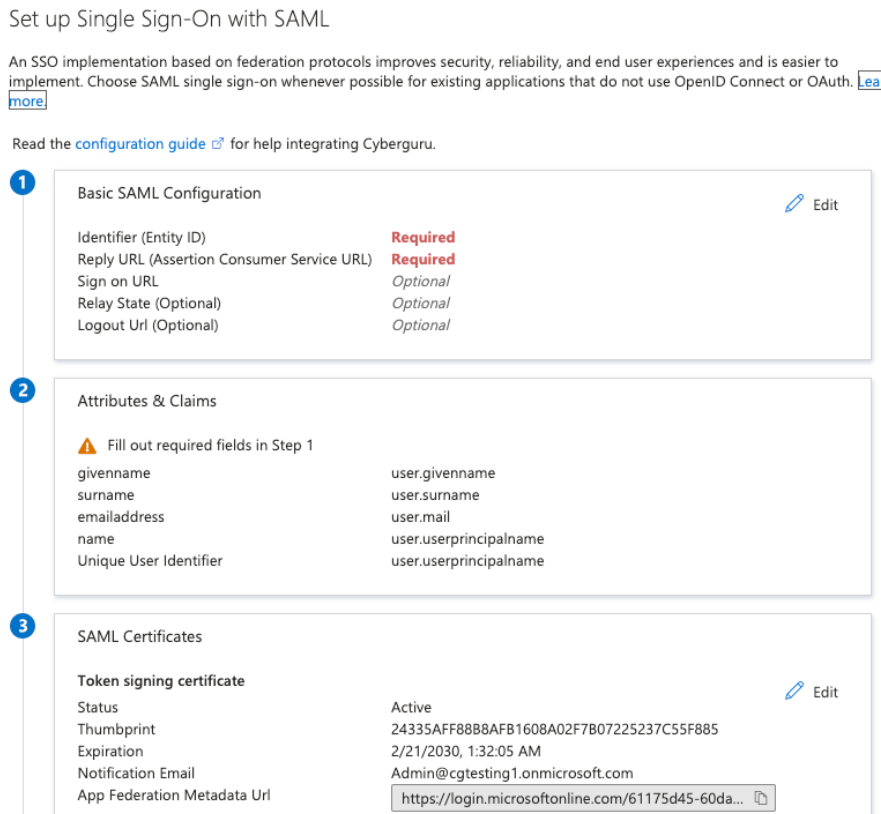 Riquadro SAML Certificates con App Federation Metadata Url