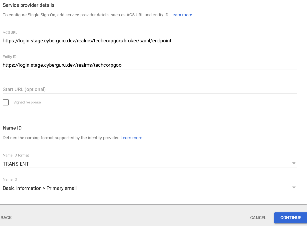 Form con ACS URL ed Entity ID
