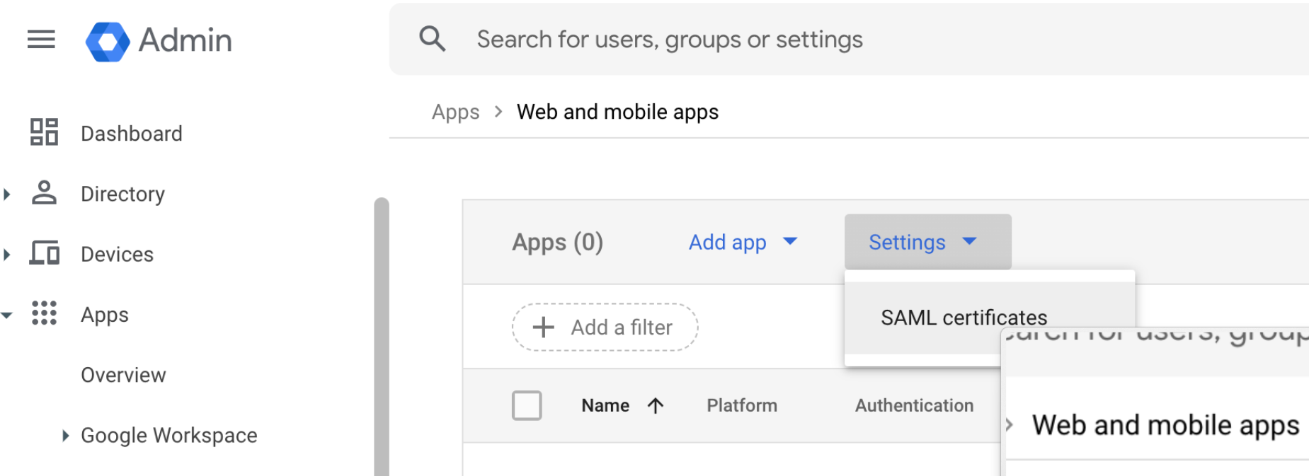 Settings, SAML certificates