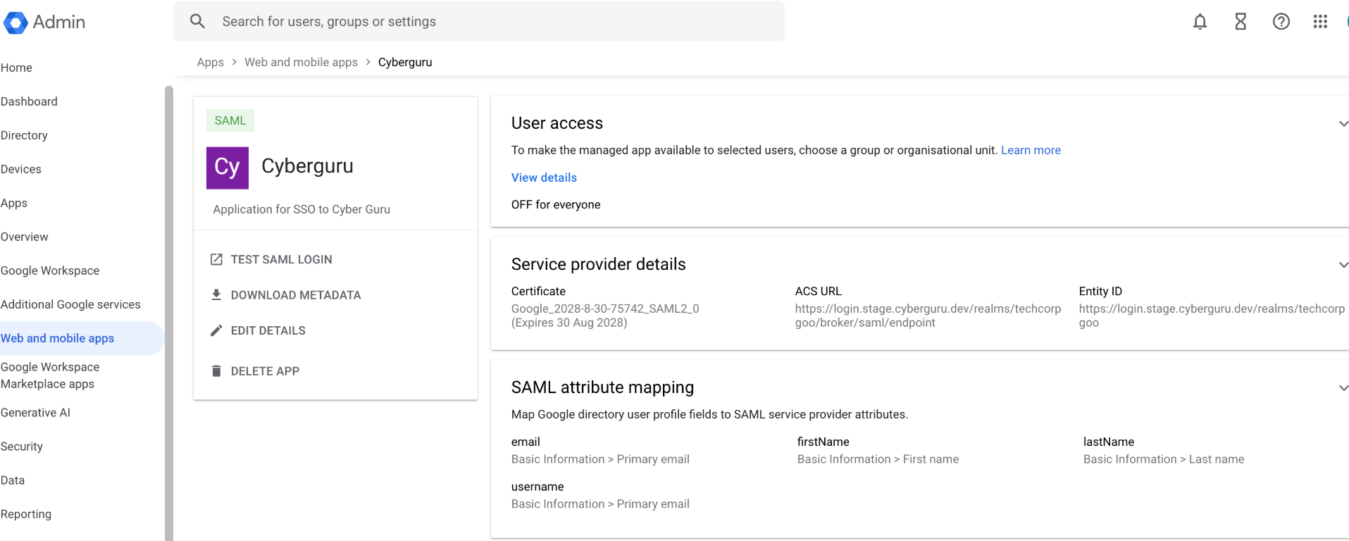 App SAML creata