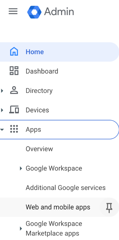 Menu Apps nella Console di amministrazione